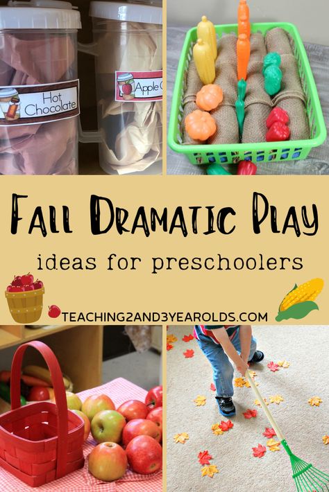 Add some fall fun to your preschool dramatic play area with these fall dramatic play ideas, from pumpkin patches to apple pie baking! #preschool #toddler #dramaticplay #fall #autumn Pumpkin Patch Dramatic Play Preschool Free, Homeschool Dramatic Play, Fall Science Area Preschool, Outdoor Dramatic Play Ideas, Fall Pretend Play Preschool, Preschool Manipulatives Center, Fall Harvest Dramatic Play, Pumpkin Patch Center Preschool, Fall Themed Dramatic Play Center