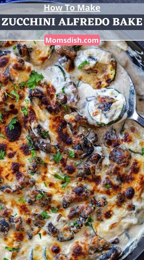 Alfredo Bake Recipe, Zucchini Alfredo, Zucchini Pasta Recipes, Crispy Zucchini, Creamy White Sauce, Alfredo Bake, Creamy Chicken And Rice, Mushroom Casserole, Sautéed Mushrooms