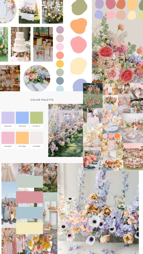 Floral Pastel Color Palette, English Garden Wedding Color Palette, Wedding Color Palette Pastel, Floral Wedding Colors, Whimsical Garden Wedding Color Palette, Danish Pastel Wedding, Pastel Spring Wedding Flowers, Spring Wedding Colors Palette, Garden Party Wedding Aesthetic