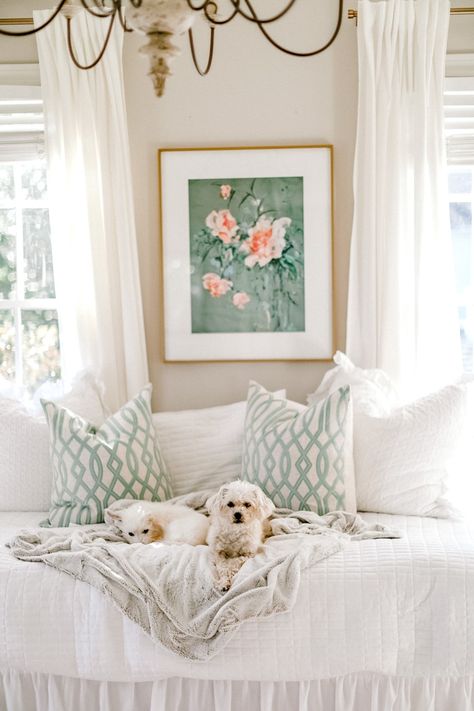 White Metal Daybed, Daybed Office, White Day Bed, Daybed Guest Room, White Fluffy Pillow, Ritva Curtains, Family Room Chandelier, Curtains Amazon, Nursery Paint Colors