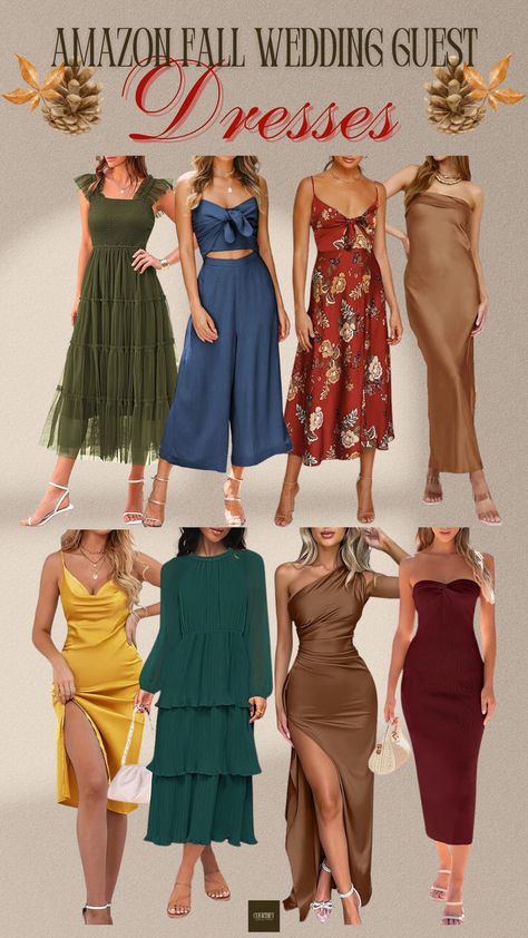 Collage of stylish Amazon fall wedding guest dresses in a variety of colors and styles, including flowy maxi dresses, jumpsuits, and slip dresses. Perfect affordable options for a chic autumn wedding look. Wedding Guest Dress Styles, Fall Wedding Guest, Amazon Dresses, Outfit Wedding Guest, Fall Wedding Guest Dress, Guest Attire, Slip Dresses, Wedding Guest Looks, Wedding Attire Guest