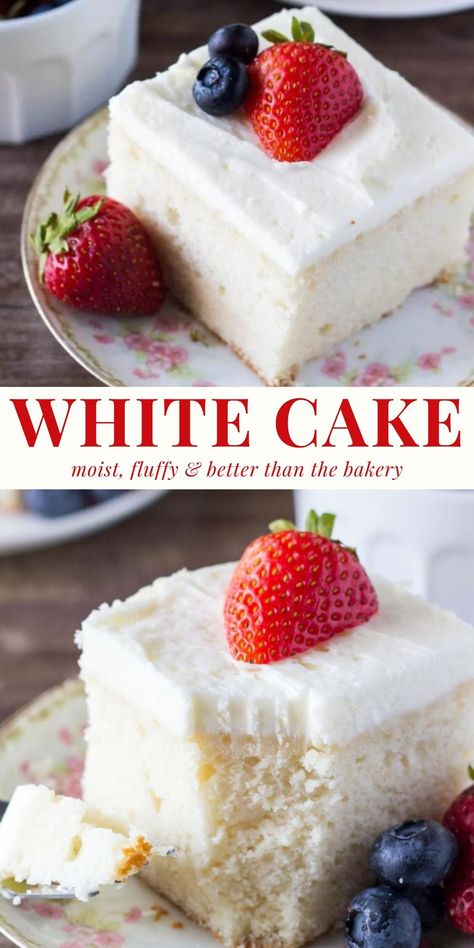 This white cake is moist and fluffy with a soft cake crumb. It's perfect for potlucks and birthday parties. It's made with just egg whites to give the cake it's white color and more delicate cake crumb. #whitecake #sheetcake #vanillafrosting #9x13 #vanillacake from Just So Tasty https://www.justsotasty.com/perfect-white-cake-with-vanilla-buttercream/ White Cake With White Frosting, White Snack Cake, Heavenly White Snack Cake, Sheetcake Dessert, White Sheet Cake, Easy White Cake Recipe, Fluffy White Cake, Best White Cake Recipe, White Almond Cakes