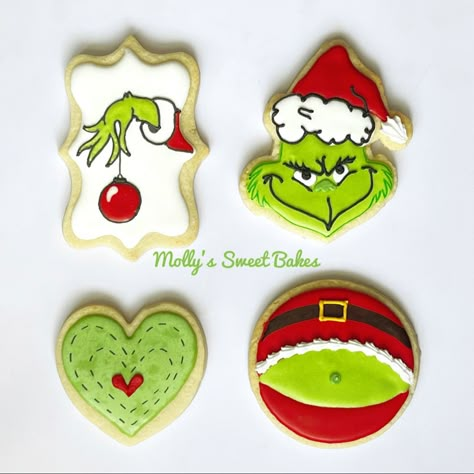 Grinch Sugar Cookies Decorated, The Grinch Cookies, Grinch Christmas Cookies, Christmas Cookies Grinch, Customized Cookies, Iced Christmas Cookies, Holiday Cookies Decorated, Christmas Sugar Cookies Decorated, Grinch Cookies