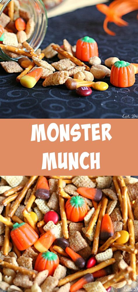 Preschool Halloween Party Snacks, October Book Club Food, Monster Munch Recipe, Monster Chex Mix Recipes, Monster Crunch, Monster Munch Popcorn, Apple Monster Snacks, Halloween Snack Mix Monster Munch, Monster Recipes