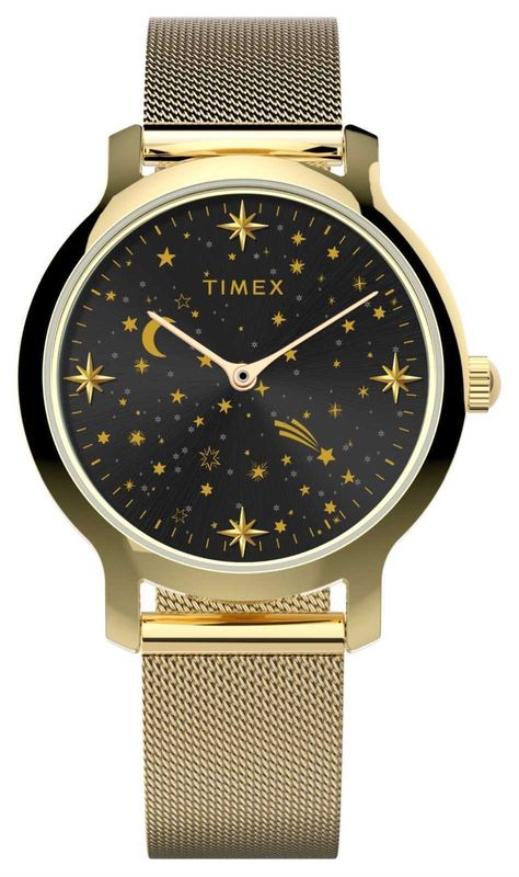 Timex Women's Celestial Transcend (31mm) Black Dial / Gold-Tone Steel TW2W21500 | eBay Third Watch, Celestial Design, Moons And Stars, Seiko Presage, Timex Watches, Perfect Model, Rose Gold Case, Mesh Bracelet, Free Bracelet