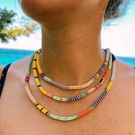 Layers of colorful elegance. Handcrafted beaded necklaces for a vibrant summer look. 🌞✨ Choker Ideas, Miyuki Bead Necklace, Necklace Beads, Bead Ideas, Beaded Rope, Miyuki Beads, Seed Bead Necklace, Beaded Necklaces, Summer Look