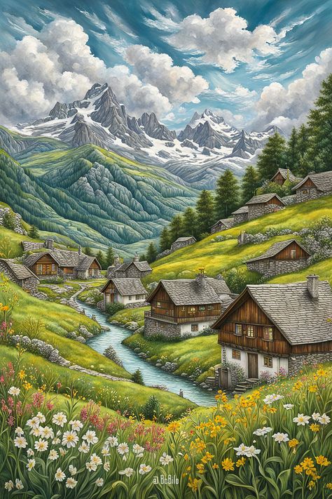 Explore the Charm of Switzerland's Scenic Villages 🇨🇭✨ #SwissBeauty #MountainMagic #ScenicVillages Switzerland Sketch Art Illustrations, Rural Landscape Drawing, Switzerland Drawing, Sumer Landscape, Switzerland Landscape, Switzerland Painting, Village Drawing, Switzerland Art, Countryside Art