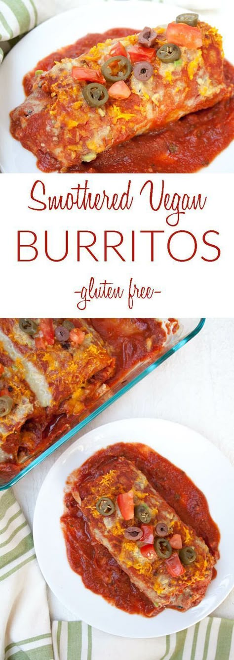 Smothered Vegan Burritos (gluten free) - These wet burritos are filled with spicy black beans and rice, then smothered in a homemade enchilada sauce. #smotheredburritos #wetburritos #vegan #glutenfree Spicy Black Beans, Wet Burrito, Vegan Burritos, Vegan Mexican Food, Tacos Vegan, Pastas Recipes, Vegan Burrito, Black Beans And Rice, Homemade Enchilada Sauce