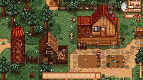 Quarry Ideas Stardew, Stardew Valley Quarry Tree Farm, Stardew Valley Witchy Farm, Stardew Inspiration, Farm Cave Stardew, Woodland Farm Stardew, Stardew Farm, Stardew Farms, Stardew Valley Farms