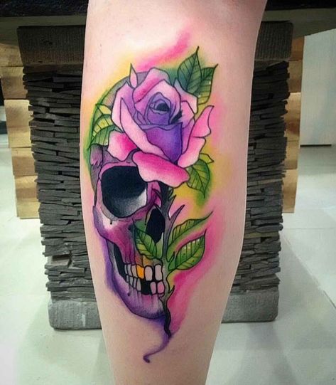 calf tattoo skull tattoo rose purple Girly Skull Tattoos, Purple Rose Tattoos, Skull Rose Tattoos, Rose Tattoos For Women, Small Rose Tattoo, Tattoo Skull, Tattoo Rose, Sugar Skull Tattoos, Rose Skull