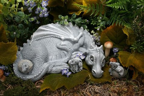 Mother Dragon Sculpture - And THREE Baby Dragon Hatchlings - Garden Concrete Art Dragon Garden, Fantasy Garden, Fairy Statues, Dragon Sculpture, Dragon Statue, Dragon Figurines, Dragon Lover, Dragon Wings, Baby Dragon