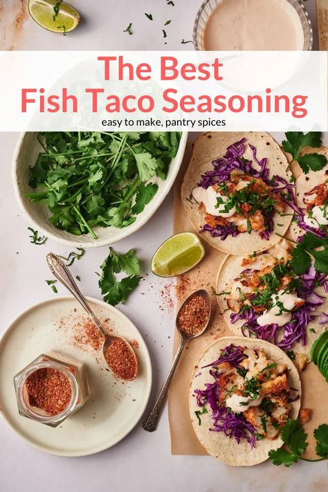 This homemade fish taco seasoning is going to take your Taco Tuesday to a whole new level! Bursting with bold spices like ancho chili powder, paprika, and cumin, you’ll find it’s the perfect blend of spicy and savory flavors to make the best fish tacos! Fish Taco Marinade, Fish Taco Seasoning, Mexican Fish Tacos, Taco Seasoning Easy, Seasoning For Fish, Best Fish Tacos, Spicy Fish Tacos, Fish Taco Sauce, Easy Fish Tacos