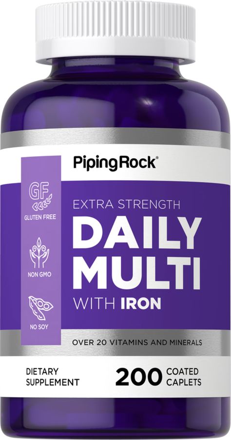 Extra Strength Daily Multi with Iron, 200 Coated Caplets | PipingRock Health Products Iron Vitamins, Iron Pills, Iron Vitamin, Potassium Iodide, Supplements Packaging, Iron Supplement, Bottle Design Packaging, Magnesium Oxide, Bodybuilding Supplements