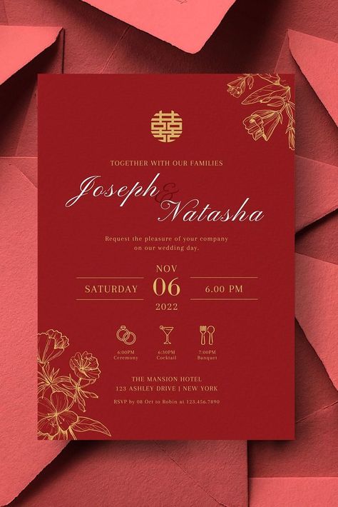 Chinese Wedding Invitation Card Template Bundle, Oriental Minimalist Wedding Card, Gold Red Asian Wedding Mandarin Double Happiness 结婚请柬 Invitation For Wedding Design, Chinese Wedding Card Design, Chinese Invitation Card, Wedding Invitations Chinese, Red Wedding Card, Chinese Invitation, Minimalist Wedding Card, Wed Invitation, Gold Wedding Card