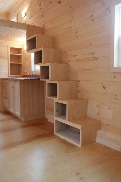 Sherwood Tiny House  - storage stairs Tiny House Stairs Ideas, Loft Stairs Ideas, Tiny House Stairs, Tiny House Storage, Loft Stairs, Tiny House Loft, Loft Ladder, House Loft, Attic Stairs