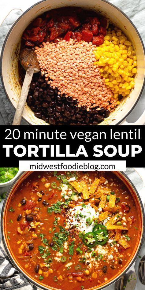 Mar 24, 2020 - This creamy, Vegan Lentil Tortilla Soup is the perfect quick and easy weeknight dinner! It takes just 20 minutes to throw together with simple ingredients! Vegan Lentil Tortilla Soup, Lentil Tortilla Soup, Soup Tortilla, Resep Vegan, Soup Creamy, Salads Recipes, Vegan Lentil, Tortilla Soup Recipe, Resep Diet