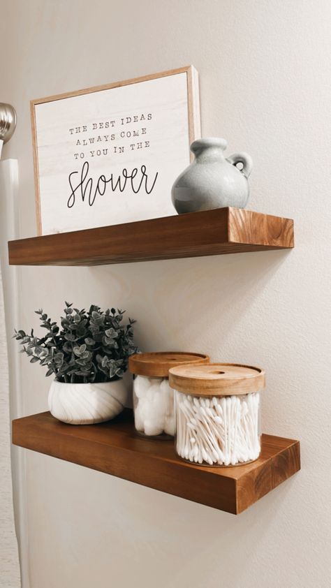 #bathroomdecor #walldecor #floatingshelves #woodshelves #homedecor #bathdecor Two Shelf Bathroom Decor, Apartment Decorating Wood Theme, Bathroom Organization Vanity, Cozy Clean Bathroom Ideas, Guest Bath Ideas Decor, Hanging Shelf Bathroom, Modern Neutral Bathroom Decor, Neutral Tone Bathroom Ideas, Ways To Decorate Your Bathroom