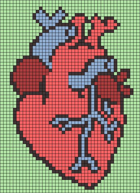 Pixel Art Knitting, Cute Crochet Grids, Medical Pixel Art, Anatomy Pixel Art, Brain Pixel Art, Valentines Pixel Art, Human Heart Pixel Art, Trippy Pixel Art, Heart Alpha Pattern Crochet