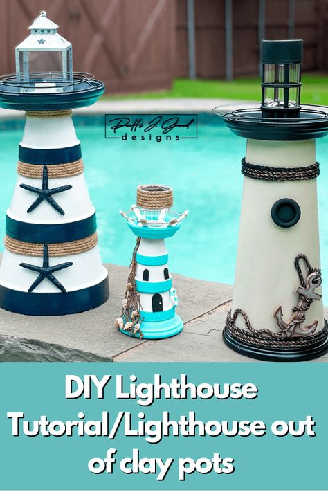 Home Decor DIY – Page 4 Clay Pots Diy, Clay Pot Garden, Garden Lighthouse, Diy Lighthouse, Clay Pot Lighthouse, Nautical Decor Diy, House Lighting Outdoor, Lighthouse Crafts, Glassware Garden Art