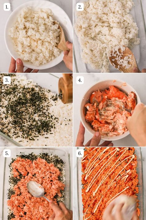 This delicious and easy Salmon Sushi Bake recipe features seasoned rice, salmon, cream cheese, spicy mayo, veggies, nori, and various toppings—a great way to enjoy all the flavors of traditional sushi rolls in an easy casserole. Sushi Bake Recipe Easy, Salmon Sushi Bake Recipe, Salmon Sushi Bake, Sushi Bake Recipe, Spicy Salmon Sushi, Traditional Sushi, Rice Salmon, Sushi Rice Recipes, Sushi Recipes Homemade