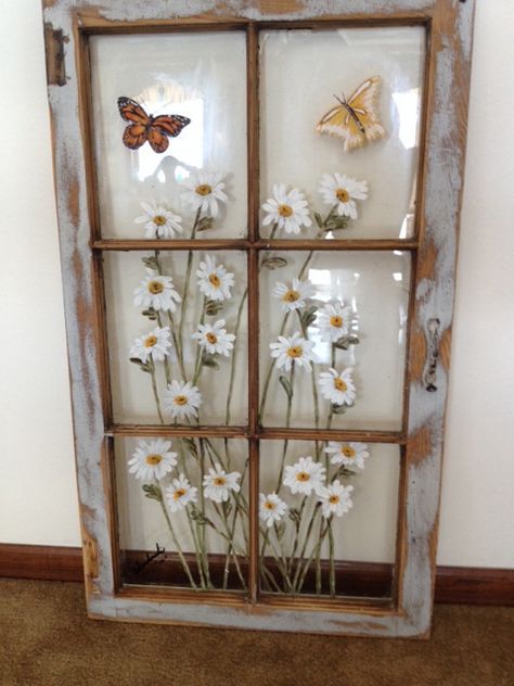 Wow, this is a painting on an old window. I absolutely love this. Beautiful. Recycled Glass Window Art, Painting On Glass Panes, Painted Vintage Windows, Refurbished Window Frames, Flowers Window Painting, Flowers Painted On Glass Window, Painting On Windows Panes, Old Painted Windows, Diy Painted Windows