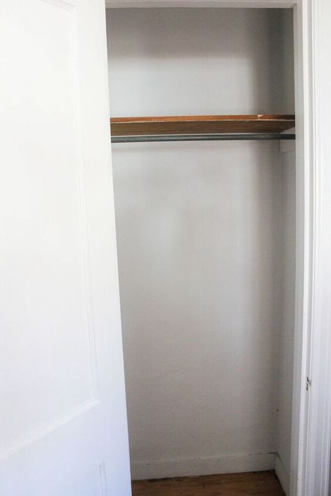 Tiny Closet For Two People, Old Small Closet Makeover, Old House Tiny Closet Ideas, Old House Closet Makeover, Tiny Closet Makeover Diy, Old House Closet Ideas, Old House Small Closet, Old Closet Makeover, Tiny Closet Makeover