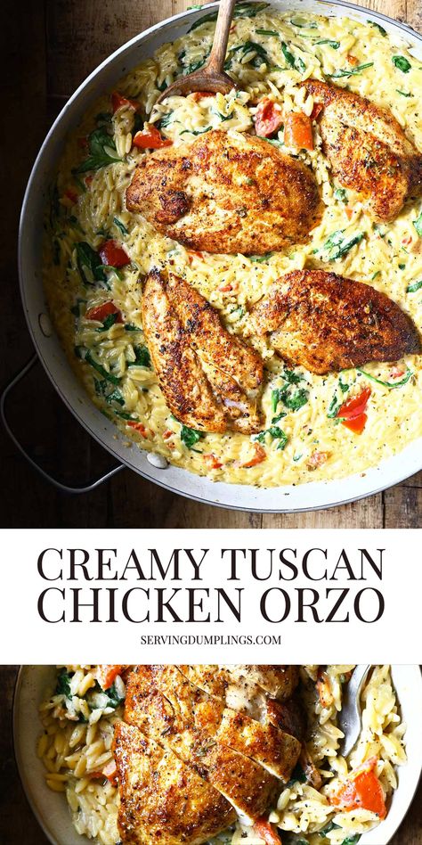 Creamy Tuscan Chicken Orzo Tuscan Dinner Recipes, Tuscan Chicken One Pot Orzo, Tuscan Chicken Risotto, Orzo Baked Chicken, Tuscan Chicken Orzo Recipes, Chicken With Risotto Dinners, The Novice Chef Recipes, Tuscan Chicken With Orzo, Home Chef Meals