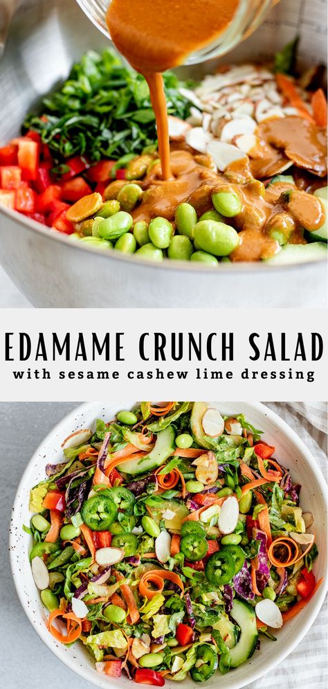 This edamame crunch salad is loaded with fresh crunchy veggies, edamame and the most delicious sesame cashew lime dressing. They're vegan and gluten-free, and perfect for a healthy lunch or dinner! Paleo Salad, Edamame Recipes, Spring Recipes Dinner, Crunch Salad, Edamame Salad, Quick Lunch Recipes, Paleo Salads, Cookies Gluten Free, Lime Dressing