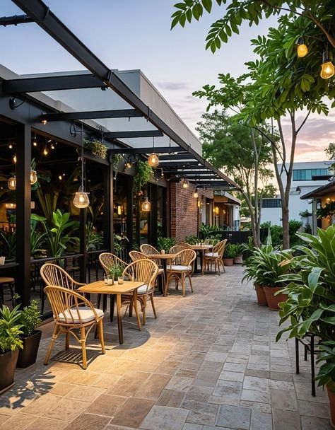 Open Cafes Ideas, Lounge Exterior Design, Rooftop Cafeteria, Garden Cafe Ideas, Restaurant Patio Design, Outdoor Cafe Design, Outdoor Cafe Seating, Plant Restaurant, Outdoor Cafeteria