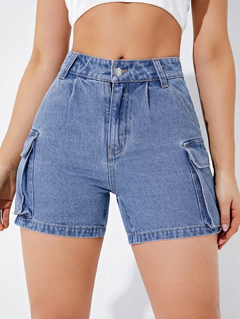 Medium Wash    Denim Plain Straight Leg Embellished Non-Stretch  Women Denim Jins Pants For Women, Celana Jins Wanita, Black Denim Shorts Outfit, Jean Damas, Diy Jean Shorts, Denim Pants Outfit, Denim Jeans Outfit, Types Of Shorts, Cargo Shorts Women