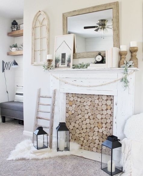 Mantel Without Fireplace, Mantle Without Fireplace, Focal Point Fireplace, Fireplace Mantel Decorating Ideas, Homey Touches, Faux Fireplaces, Rustic Fireplace Mantel, Fireplace Baskets, Farmhouse Mantle Decor