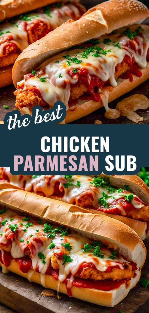 Enjoy these delicious Chicken Parmesan Subs with crispy chicken, rich marinara, and melted mozzarella in a warm sub roll. Perfect for a quick and satisfying meal! #ChickenParmesan #EasyMeals #QuickDinners #ItalianRecipes #ComfortFood Kids Chicken Dinner Ideas, Chicken Parmesan Sandwich Recipe Easy, Grilled Chicken Parmesan Sandwich, Chicken Fillet Sandwich Recipes, Chicken Parm Subs, Hot Subs Sandwiches Ideas, Chicken Parmesan Sandwich Easy, Chicken Parm Sandwich Recipe, Chicken Parm Subs Sandwiches