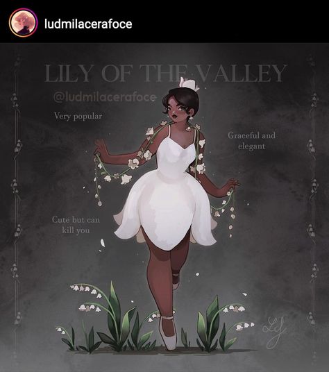 Flower Dress Fantasy Art, Lily Of The Valley Inspired Outfit, Lily Of The Valley Character, Lily Of The Valley Outfit, Nature Outfits Drawing, Flower People Drawing, Fae Outfit Aesthetic, Flowers As Humans, Flower Outfit Aesthetic