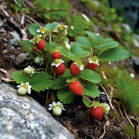 Alpine strawberries Alpine Strawberry Plant, Wild Strawberry Aesthetic, Forest Strawberries, Blonde Hair Strawberry, Wild Strawberry Plant, Alpine Aesthetic, Wild Vegetables, Recipes Strawberries, Mountain Plants