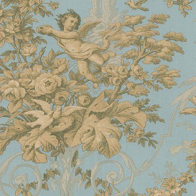 Blue And Gold Wallpaper, Victorian Wall Decor, Tapete Gold, Wallpaper Warehouse, Victorian Angels, Toile Wallpaper, Floral Toile, Aqua Wallpaper, Victorian Wall