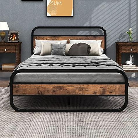 Diahomy Double Bed Metal Platform Bed Frame with Wood Headboard/Mattress Base/Metal Slat Support/Black and Brown Modern King Bed Frame, Black Queen Bed Frame, Queen Platform Bed Frame, Steel Bed Frame, Twin Size Bed Frame, Steel Bed, King Platform Bed, Wooden Headboard, King Size Bed Frame