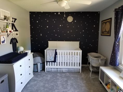 Navy Blue Space Nursery, Space Nursery Paint Colors, Space Nursery Wall Decor, Space Inspired Nursery, Nursery With Stars, Nursery Ideas Navy, Nighttime Nursery Theme, Navy Nursery Ideas, Starlight Nursery