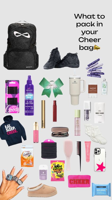 Cheer bag📣 What To Have In Your Cheer Bag, What To Put In Cheer Bag, Things To Put In Your Cheer Bag, What To Put In Your Cheer Bag For Practice, What To Put In Your Cheer Bag, Cheer Bag Essentials Practice, What To Keep In Your Cheer Backpack, Cheer Bag Essentials, Cheer Makeup Bag