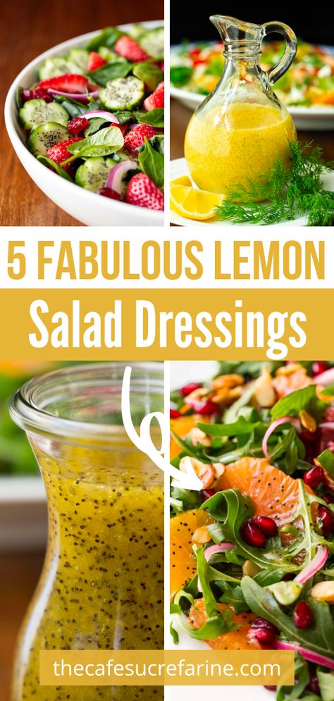 With these 5 Fabulous Lemon Salad Dressings, you can take any ordinary, boring salad into a zesty, flavorful salad. If you enjoy the fresh, vibrant flavor of lemons, you will LOVE this collection of Lemon Salad Dressings. You will never want to purchase dressing again after trying these homemade lemon salad dressings! Salads With Lemon Dressing, Lemon Basil Salad Dressing, Lemon Salad Dressing Vinaigrette, Green Salad With Lemon Vinaigrette, Lemon Vinegrette Dressing, Lemony Dressing, Lemon Vinaigrette Recipe, Lemon And Oil Salad Dressing, Salad Dressing With Lemon Juice