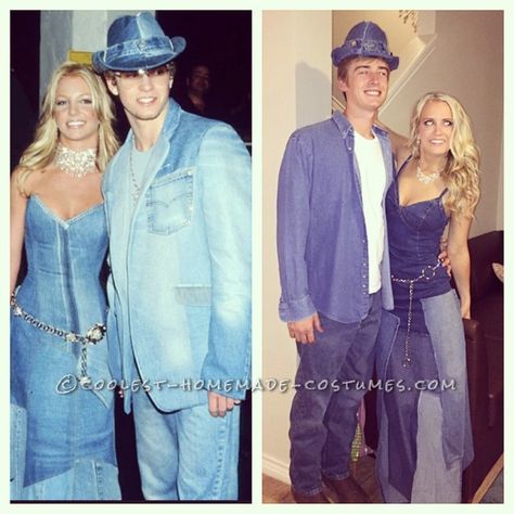 Sexy+Britney+Spears+and+Justin+Timberlake+Couples+Costume Brittany And Justin Denim Costume, Britney And Justin Denim Costume, Britney And Justin Costume, Britney Spears And Justin Timberlake, 90s Couples Costumes, Britney Spears Justin Timberlake, 90s Dress Up, Celebrity Couple Costumes, Britney Spears Costume