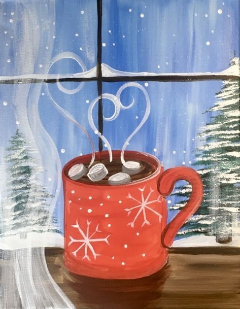 How To Paint “Hot Cocoa Window” - Step By Step Painting Easy Christmas Paintings, Boyfriend Painting, Kitty Painting, Christmas Window Painting, Winter Drawings, Beginners Painting, Christmas Canvas Art, Christmas Paintings On Canvas, Holiday Painting