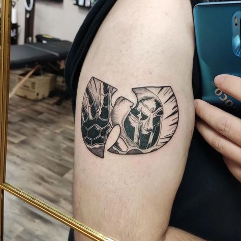 Quasimoto Tattoos, Mf Doom Tattoo Ideas, Mf Doom Tattoo Design, Mf Doom Mask Tattoo, Xavier Wulf Tattoo, Hip Hop Tattoo Ideas, Hip Hop Tattoos, Wutang Tattoo, Mf Doom Tattoo