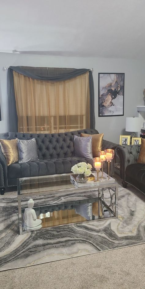 Grey Gold Living Room Ideas, Dark Grey Gold Living Room, Livingrooms Design Ideas Grey Couch, Grey Gold Living Room, Gray Black And Gold Living Room, Grey And Gold Living Room Ideas, Gray And Gold Living Room, Gray And Gold Living Room Decor, Grey And Gold Living Room