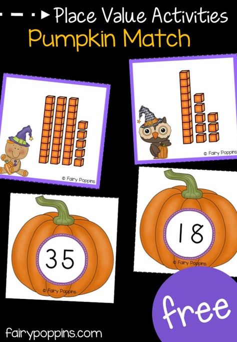 Free pumpkin place value activities for kindergarten and first grade. Great for Halloween and math centers ~ Fairy Poppins Halloween Math Centers, October Math, Pumpkin Math, Halloween Math Activities, Base 10 Blocks, Place Value Activities, Pumpkin Activities, Math Place Value, Fall Math