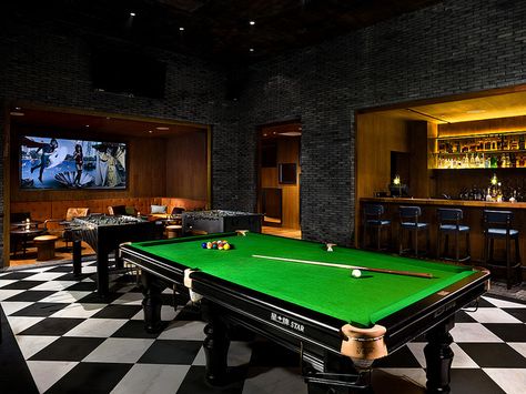 Games Room at EAST, Beijing by swirehotels, via Flickr Cool Billiard Rooms, Billiard Club Interior Design, Classic Billiard Room, Billiards Bar Interior, Snooker Room Ideas, Snooker Club Design, Check Floor, Sport Bar Design, Billiards Bar