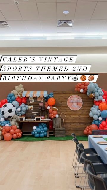 Sports Games For Birthday Party, Sports Party Balloon Garland, Diy Sports Theme Party Decorations, All Sport Theme Birthday Party, Sports Ball Party Theme 2nd Birthday, Sports Birthday Backdrop, Two Year Old Sports Birthday Party, Born 2 Ball Birthday Party, Sports Themed Birthday Party Ideas