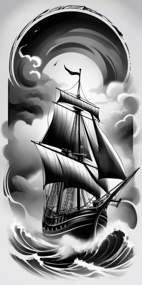 Boat Tattoo Design, Pirate Ship Tattoo Design, Pirate Boat Tattoo, Ship Tattoo Design, Kraken Ship, Traditional Tattoo Black And Grey, Pirate Ship Tattoo, Boat Tattoo, Instagram Black Theme