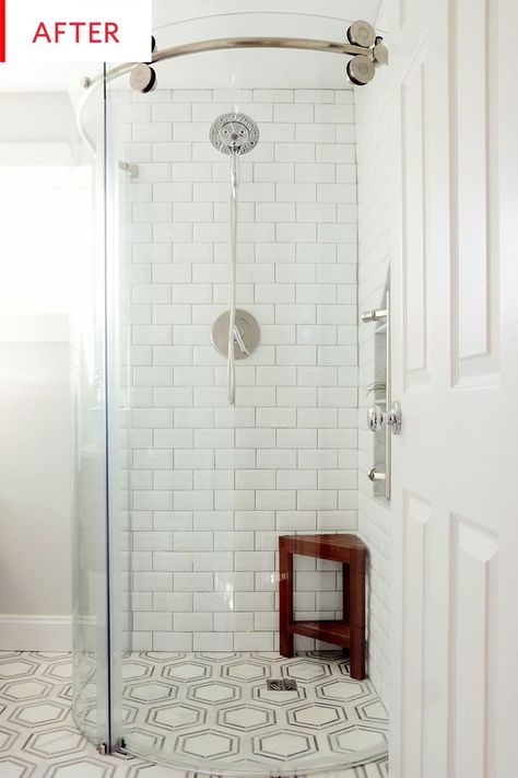 Space Saving Shower Ideas, Triangle Shower Bathroom, Neo Angle Shower Ideas Master Bathrooms, Neo Angle Shower Small Bathroom, Single Shower Stall Ideas, Corner Shower Ideas For Small Bathrooms, Small Bathroom Floor Tile Ideas, Hexagon Bathroom Floor Tile, Adu Bathroom