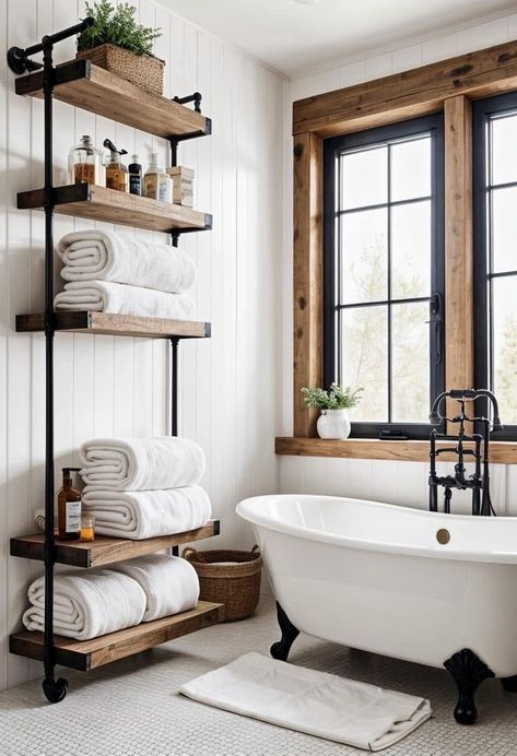 Dream Bathrooms Modern, Modern Cabin Bathroom, Clawfoot Tub Bathroom, Farmhouse Bathroom Design, Bathroom Farmhouse Style, Minimalist Kitchen Design, Bathroom Redesign, Modern Farmhouse Bathroom, Scandinavian Style Interior