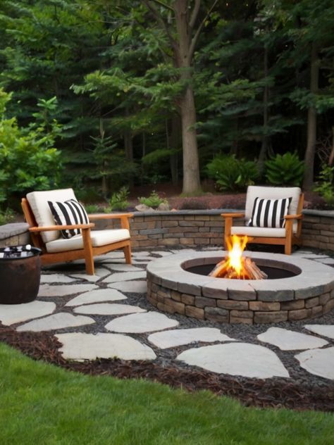 10 Captivating Backyard Fire Pit Ideas: Elevate Your Style - Homezillo Cozy Backyard Fire Pit Ideas, Outdoor Firepits Areas, Half Moon Fire Pit Area, Backyard Fire Pit Designs, Fire Pit Area Ideas Backyard, Small Backyard Fire Pit, Firepits Backyard Diy, Backyard Fire Pit Ideas Lounge Areas, Rustic Landscaping Ideas